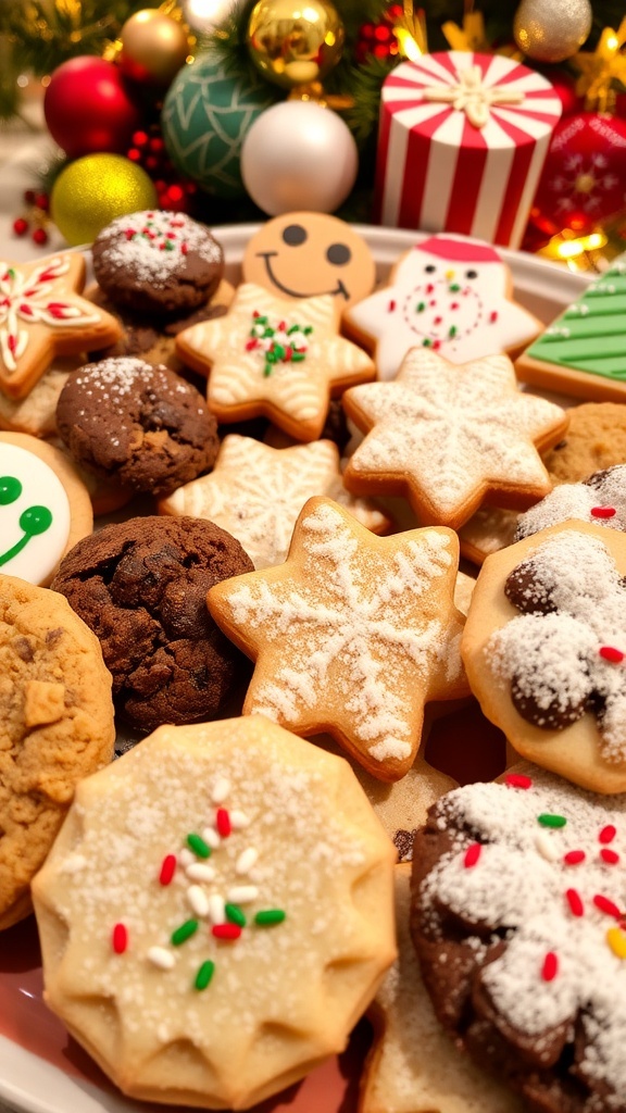 A colorful assortment of Christmas cookies on a festive platter, featuring sugar cookies, chocolate chip cookies, and decorated treats.